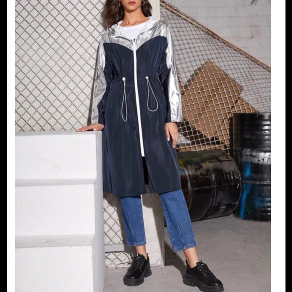 Navy & Silver Drawstring Waist Hooded Windbreaker - Picture 7 of 12